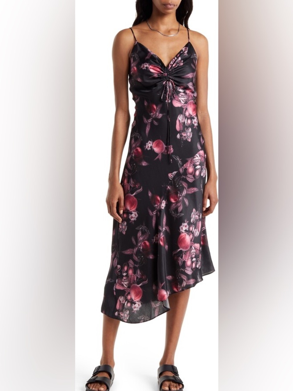 AllSaints Black Slip Dress with Pink Floral Print